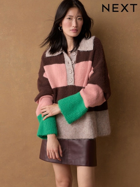 Neutral Stripe Collared Polo Knitted Jumper with Wool (E15583) | €33