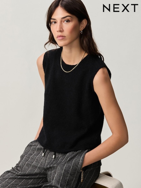 Black Sleeveless Knitted Crew Tank Vest Top with Alpaca (E15591) | €21.50