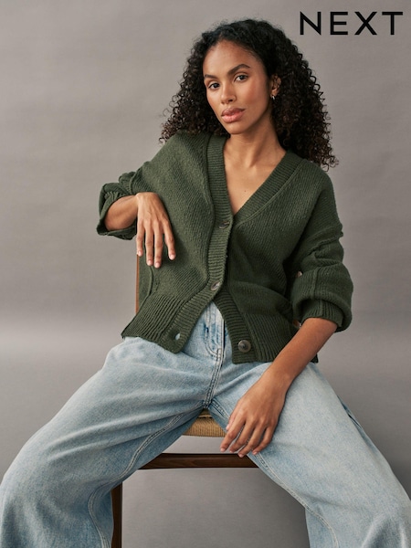 zelena Kaki olivna - Soft Touch Seam Detail Button Through Knitted Cardigan with Wool (E15629) | € 23