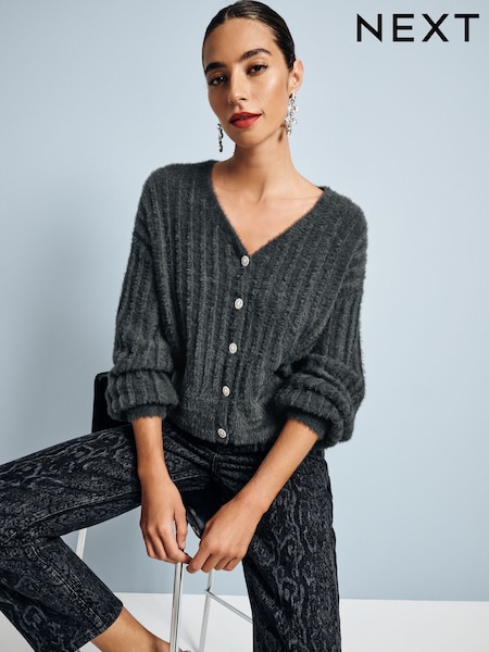 Ogleno siva - Soft Touch Fluffy V-Neck Ribbed Knitted Cardigan (E15632) | € 22