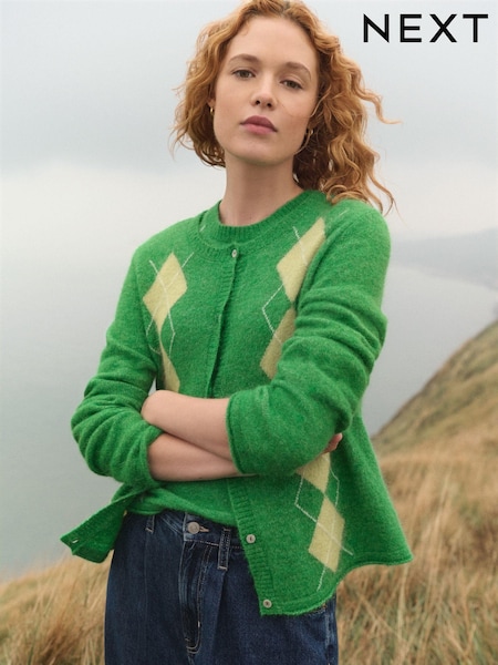zelena Argyle potisk; vzorec - Soft Touch Button Through Knitted Cardigan with Alpaca (E15639) | € 35