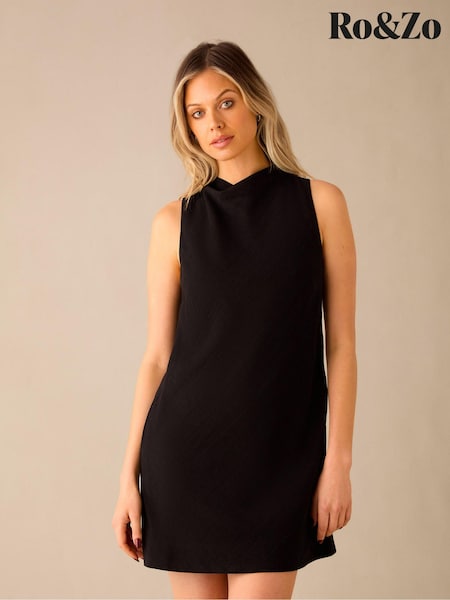 Ro&Zo Black Cowl Neck Linen Blend Shift Dress (E15642) | €50