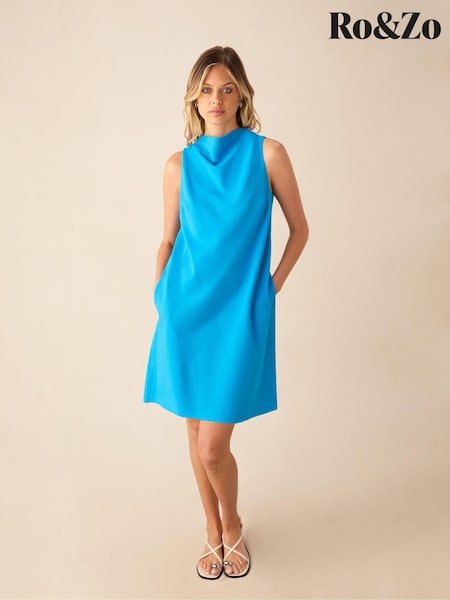 Ro&Zo Blue Cowl Neck Linen Blend Shift Dress (E15648) | €50
