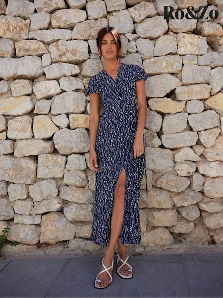 Ro&Zo Blue Petite Dash Print Wrap Midi Dress (E15652) | €45