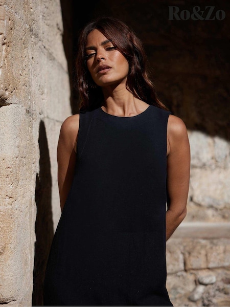 Ro&Zo Black Linen Blend Tie Waist Column Midi Dress (E15662) | €56
