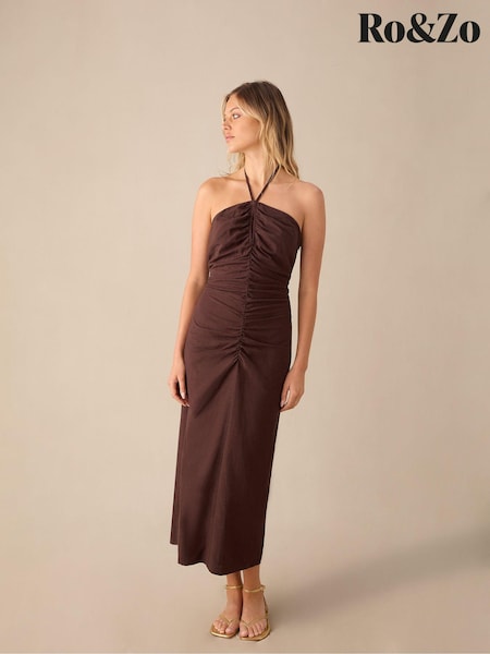 Ro&Zo  Halter Ruched Front Linen Midaxi Brown Dress (E15664) | €83