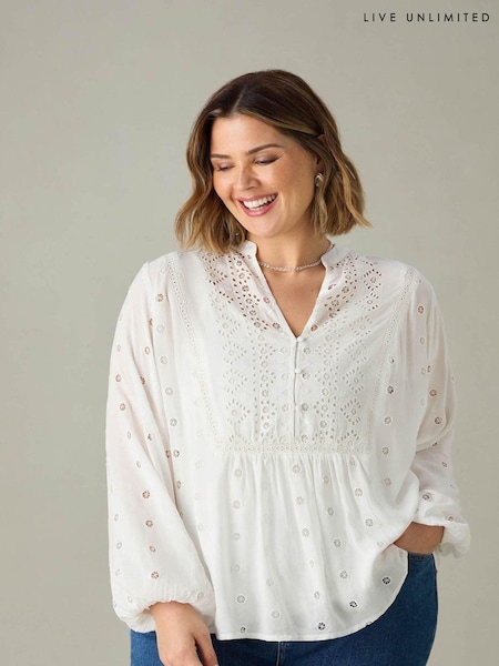 Live Unlimited White Curve Broderie V-Neck Blouse (E15936) | €47.50