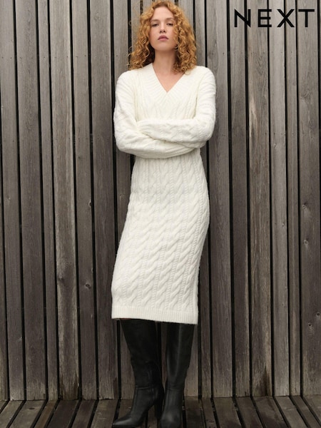 White Ecru V-Neck Cable Knitted Midi Jumper Dress (E15987) | €30