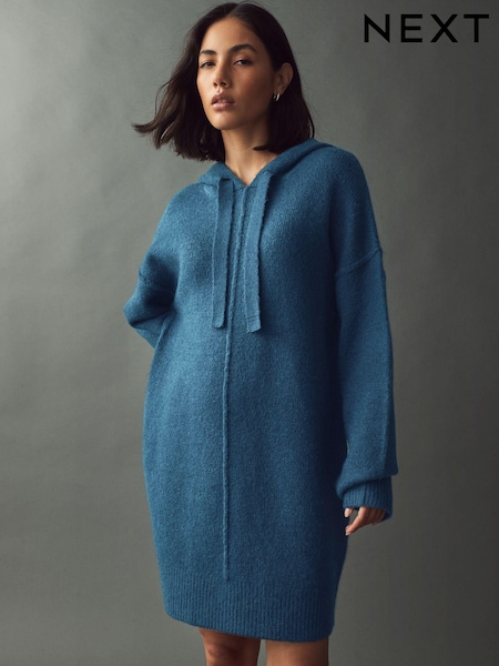 Blue Indigo Relaxed Fit Hooded Knitted Jumper Dress with Wool (E15991) | $58