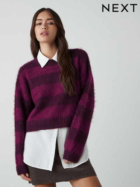 Burgundy Red Stripe Soft Touch Brushed Shirt Layer Knitted Jumper (E15993) | €21