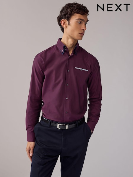 Burgundy Red Double Collar Regular Fit Trimmed Formal 100% Cotton Oxford Shirt (E16061) | €46