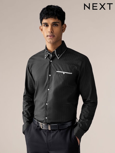 Black Self Stripe 100% Cotton Shirt (E16066) | AED166