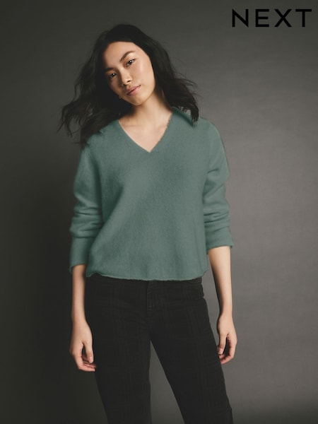Khaki Green Premium 100% Cashmere V-Neck Knitted Jumper (E16075) | R$ 1,395