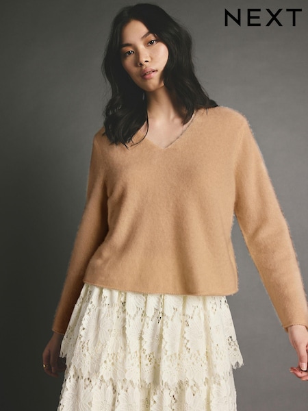 Camel Brown Premium 100% Cashmere V-Neck Knitted Jumper (E16077) | AED469