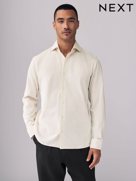 Ecru White Regular Fit 100% Cotton Corduroy Shirt with Cutaway Collar (E16081) | €44