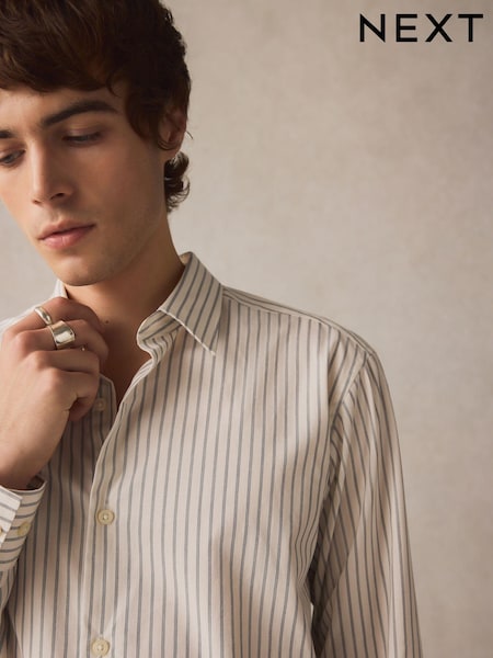 White/Black Monochromatic Stripe Regular Fit 100% Cotton Long Sleeve Formal Cutaway Collar Shirt (E16090) | €42