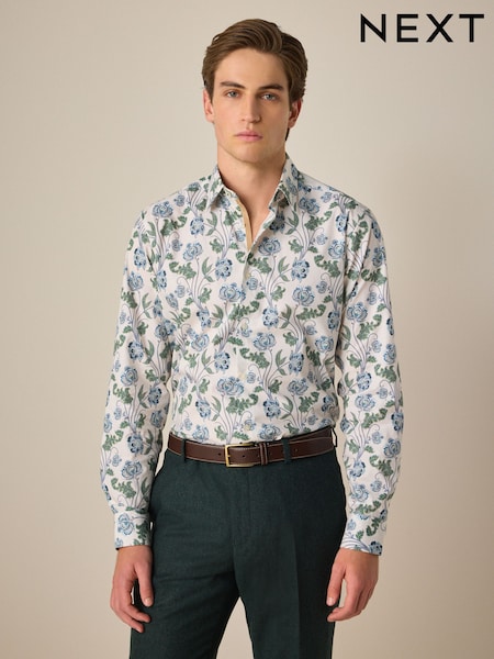 White/Multi Colour Floral Print Regular Fit 100% Cotton Single Cuff Formal Shirt (E16093) | 230 zł