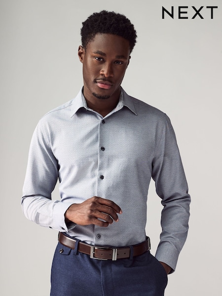 Navy Blue Geometric Print Cotton Blend Shirt (E16108) | kr434