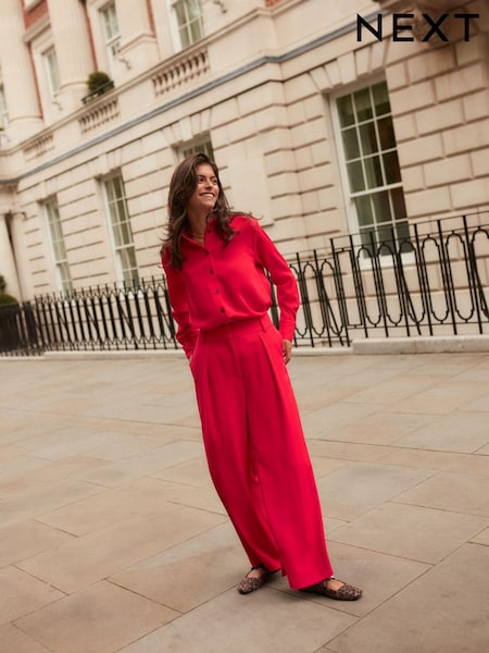 אדום - Elastic Back Wide Leg Trousers (E16154) | ‏127‏₪
