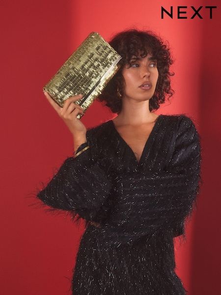 Gold Sequin Clutch Bag With Detachable Cross-Body Chain (E16175) | €18