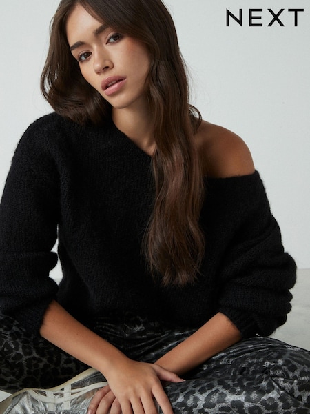 Negru - Pulover tricotat Bardot fără umeri cu atingere moale și alpaca (E16187) | 138 LEI