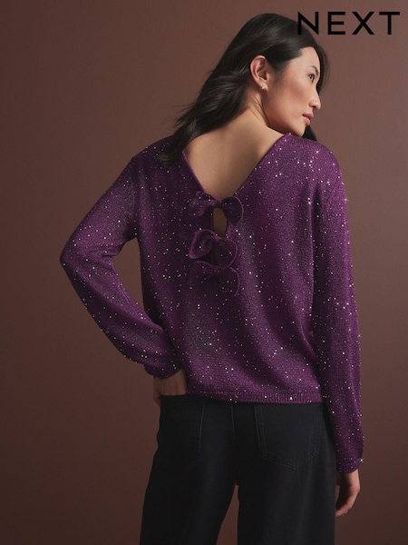 Красная бургундская ягода - Sequin Embellished Sparkle Bow Back Knitted Jumper (E16236) | €21