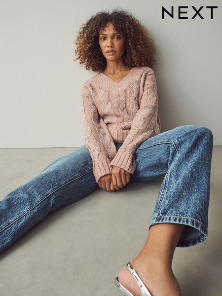 Pink Blush Embellished Sparkle V-Neck Cable Knitted Jumper With Wool (E16239) | €40