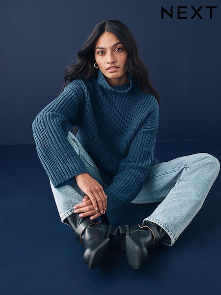 Blue Indigo Roll High Neck Ribbed Longline Knitted Jumper with Wool (E16241) | €34