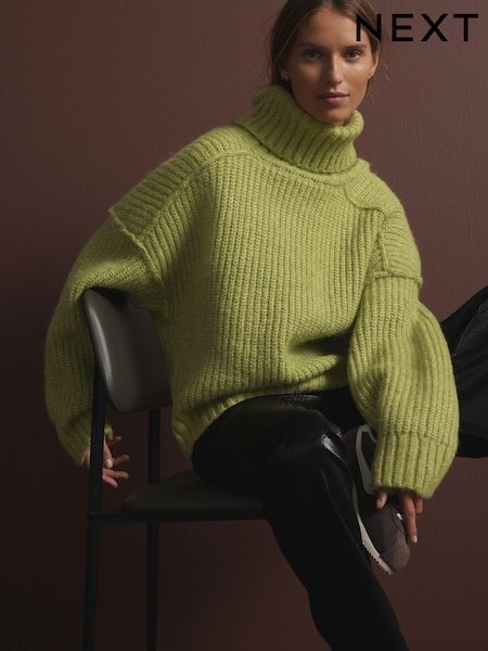 Green Khaki Olive Chunky Rib High Roll Neck Knitted Jumper with Alpaca (E16246) | €41