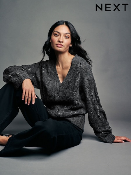 Grey Charcoal Embellished Sparkle V-Neck Cable Knitted Jumper With Wool (E16250) | €36