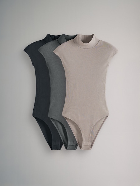 The Set Black/Taupe Brown/Graphite Grey 3 Pack Ribbed Turtle Neck Cap Sleeve Bodysuits (E16271) | €34