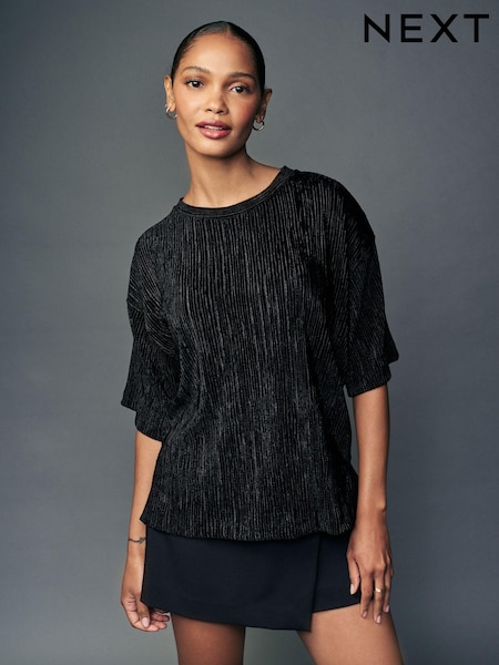 Black Plisse Velvet T-Shirt (E16341) | €17