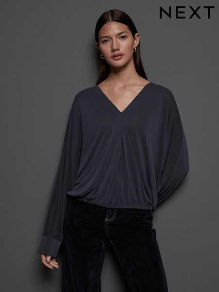 אפור פחם - Long Sleeve V-neck Bubblehem Blouse (E16354) | ‏107‏₪