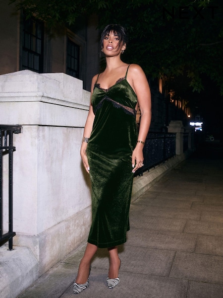 Olive Green Rochelle Velvet Lace Trim Cami Midi Dress (E16362) | €32