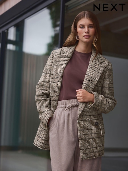 Neutral Premium Check Double Breasted Blazer With Wool (E16371) | €50