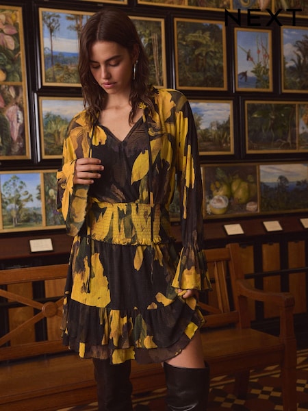 Yellow/Black Floral Kew Collection Floral Mesh Mini Dress (E16378) | 175 QAR