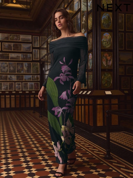 Black/Purple Floral Kew Collection Mesh Bardot Maxi Dress (E16381) | OMR17