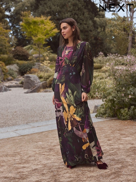 أسود طباعة زهور - Kew Collection Long Sleeve Maxi Dress (E16385) | ‏36 ر.ع.‏