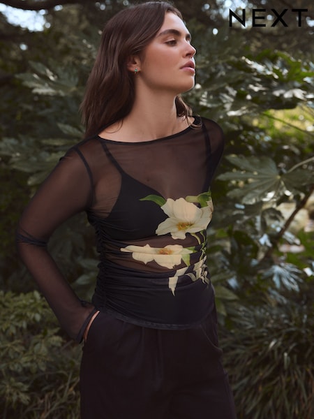 Kew Black Floral Placement Long Sleeve Ruched Side Mesh Top (E16387) | €17