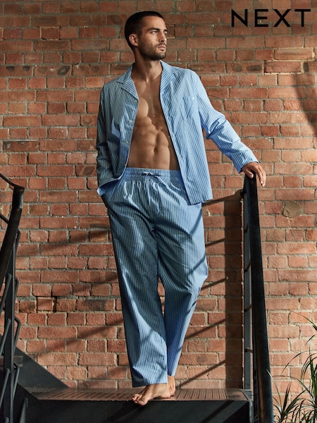 Blue Stripe Long Sleeve 100% Cotton Shirt Pyjamas Set (E16390) | AED116