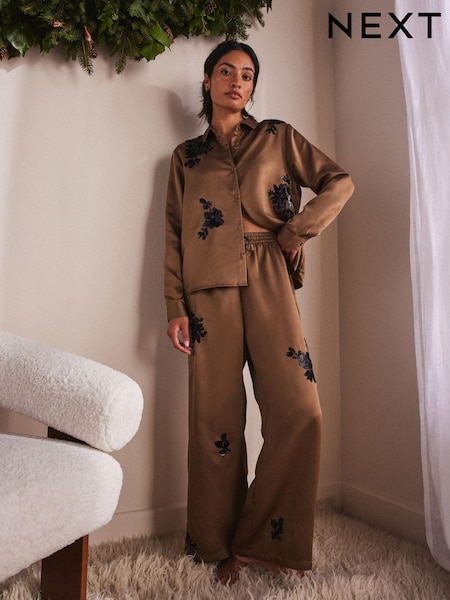 Olive Green Floral Embellished Long Sleeve Button Through Pyjamas (E16453) | AED171