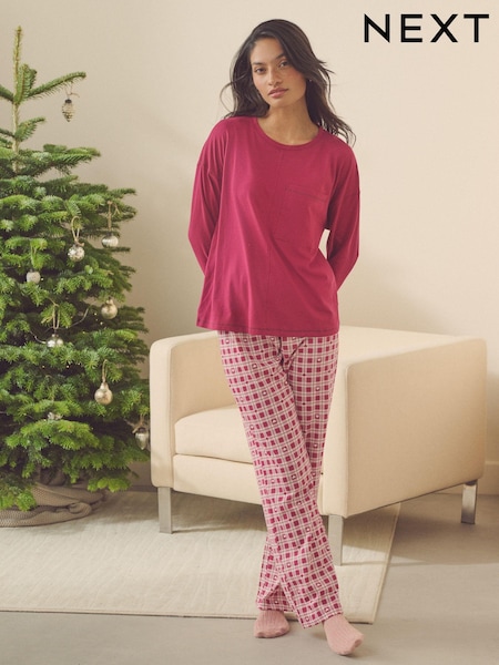 Burgundy Red 100% Cotton Long Sleeve Pyjamas (E16471) | R$ 155