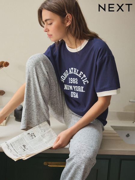 Navy Soho - Short Sleeve Cosy 100% Cotton Pyjamas (E16478) | 21 €