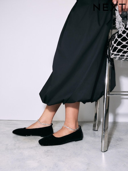 Black Forever Comfort® Jewel Ankle Strap Square Toe Ballet Shoes (E16493) | €23