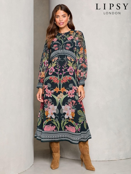Lipsy Black Floral Printed Woven Long Sleeve Underbust Midi Dress (E16500) | €50