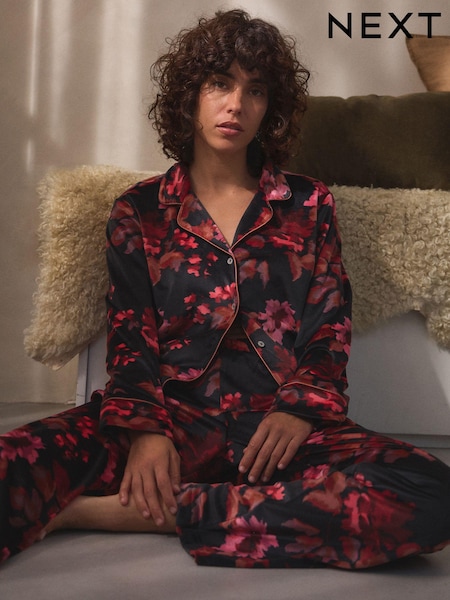 Black/Pink Floral Supersoft Button Through Pyjamas (E16831) | €37