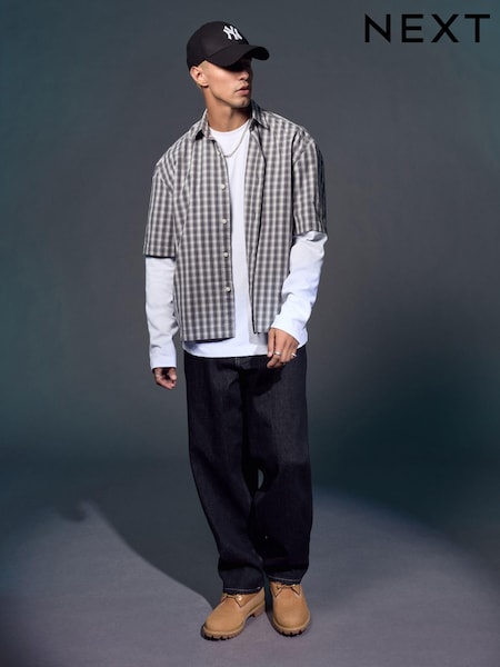 Gri - EDIT Boxy Short Sleeve Check 100% Cotton Shirt (E16834) | 163 LEI
