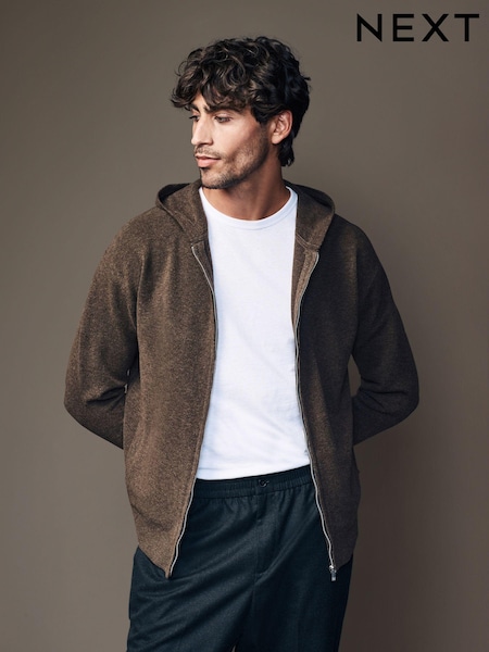Brown Regular Fit Knit Zip Up Hoodie with Wool (E16841) | AED105