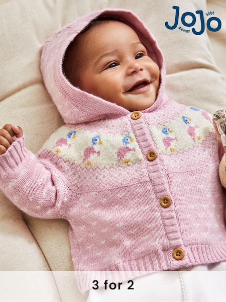 JoJo Maman Bébé Pink Peter Rabbit Fairisle Pattern Cosy Hooded Baby Cardigan (E16864) | €50