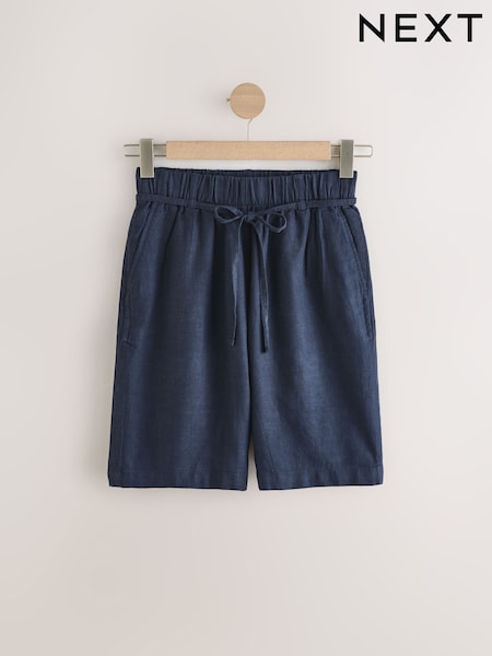 Navy Tie Waist Linen Blend Bermuda Knee Shorts (E16902) | AED29
